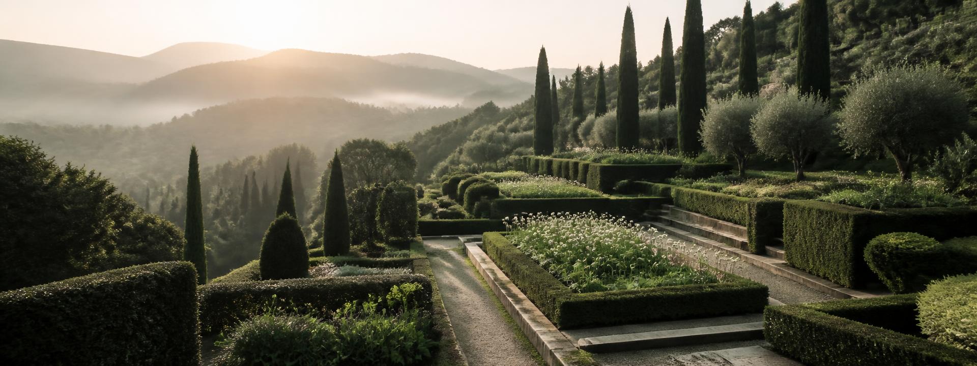 Terraced Bahá’í gardens with flowers, hedges and stone paths in soft morning light